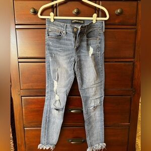 Express women’s distressed skinny jeans, raw frayed hem, cropped at ankle
